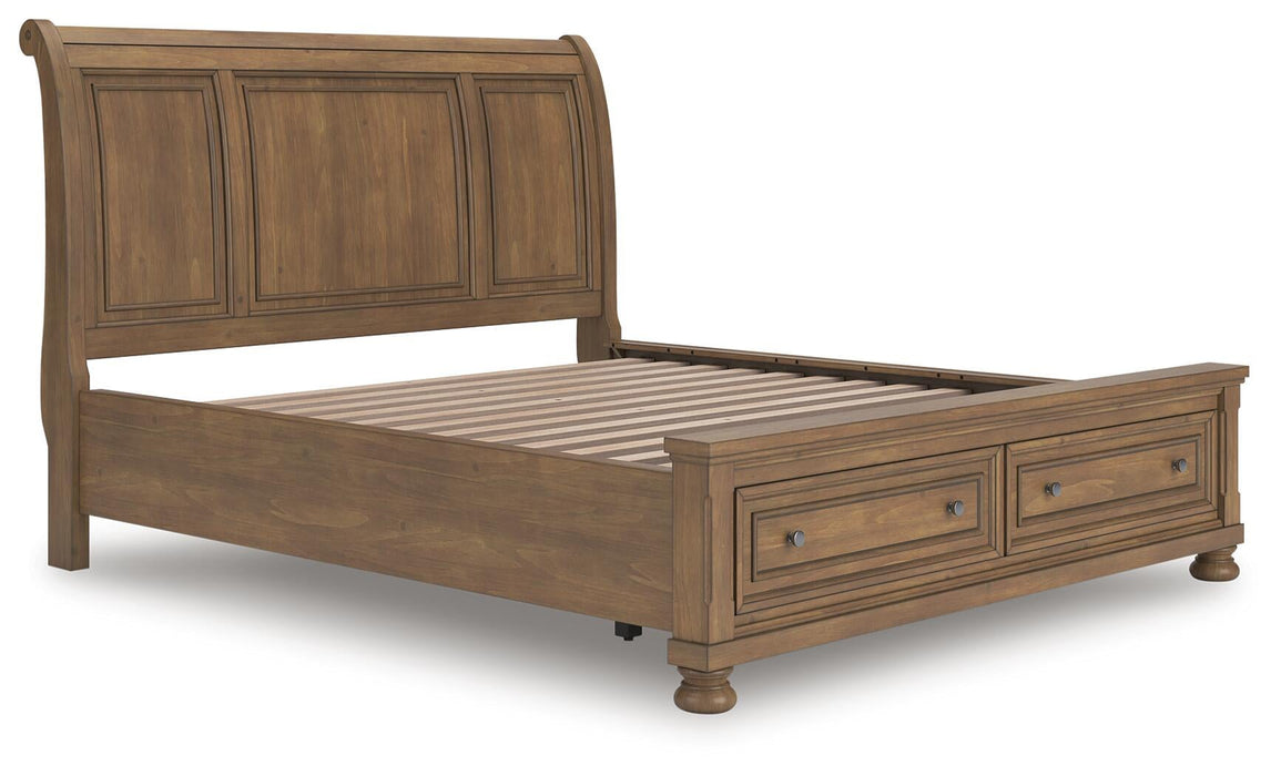 Vandenmore California King Storage Sleigh Bed with Mirrored Dresser, Chest and Nightstand