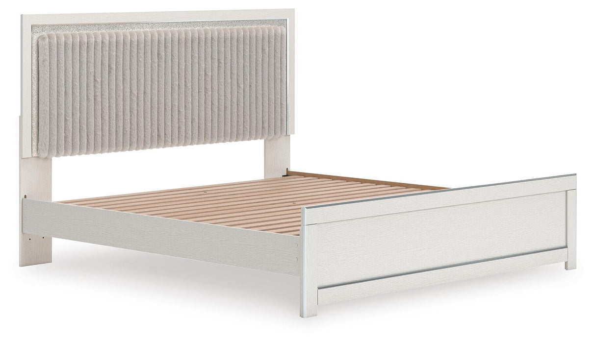 Birmonton King Upholstered Panel Platform Bed, Dresser and Mirror