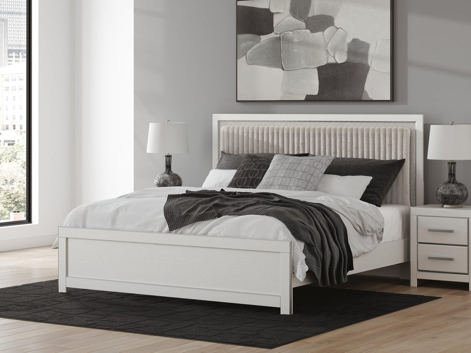 Birmonton King Upholstered Panel Platform Bed, Dresser and Mirror