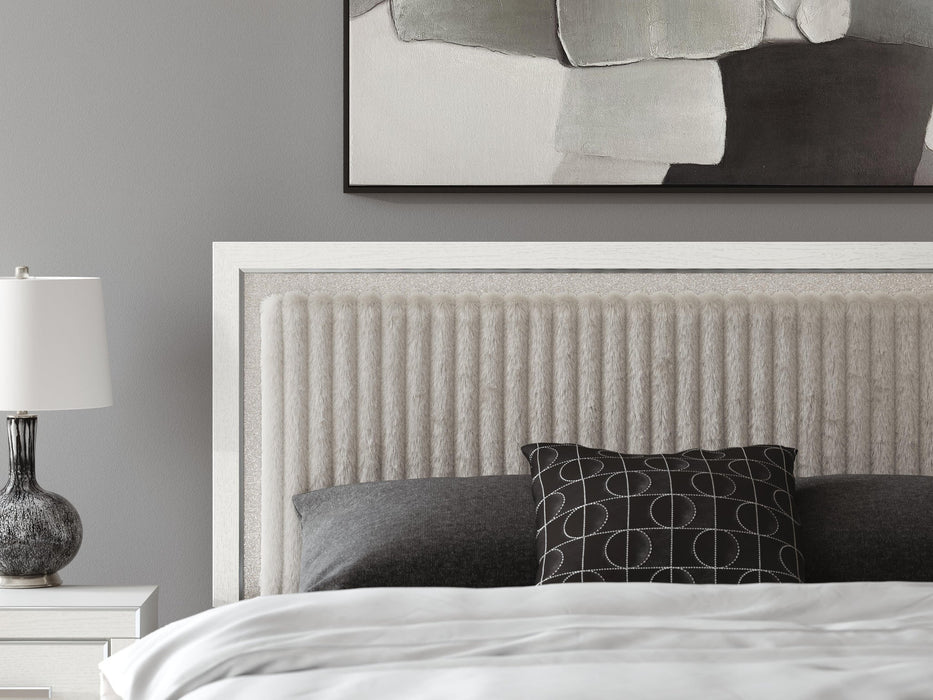 Birmonton King Upholstered Panel Platform Bed, Dresser and Mirror