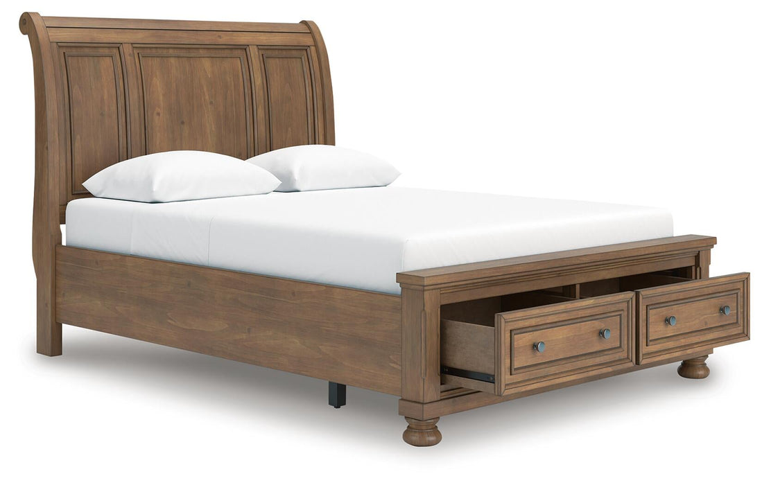 Vandenmore Queen Storage Sleigh Bed with Mirrored Dresser and Nightstand