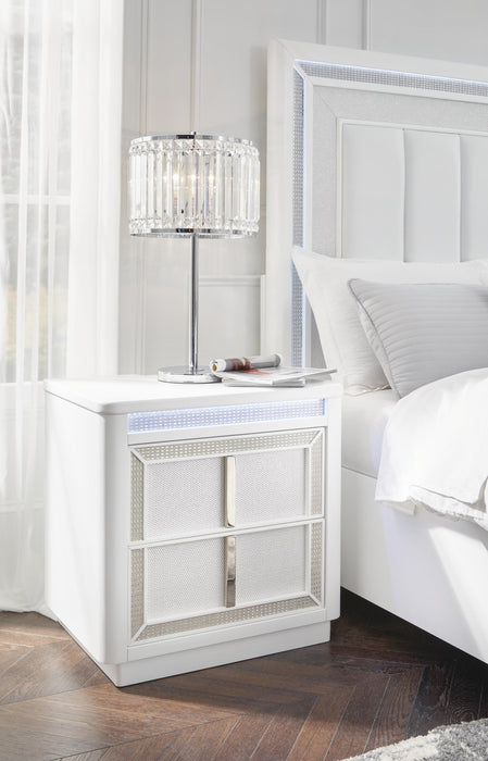 Chalanna California King Upholstered Storage Bed, Dresser, Mirror and Nightstand