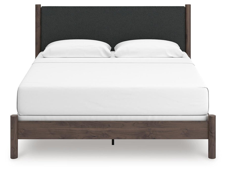 Cadmori King Upholstered Panel Bed, Dresser, Mirror and Nightstand