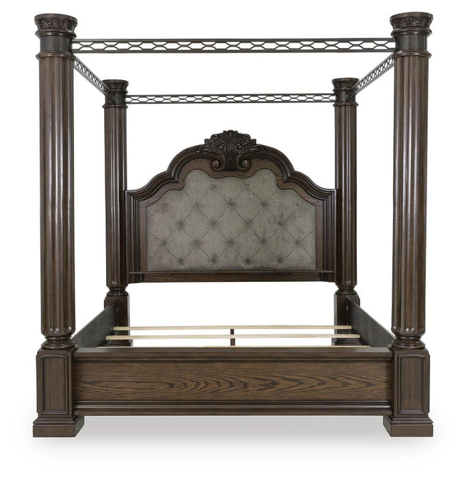 Maylee California King Canopy Bed, Dresser, Mirror, Chest and Nightstand