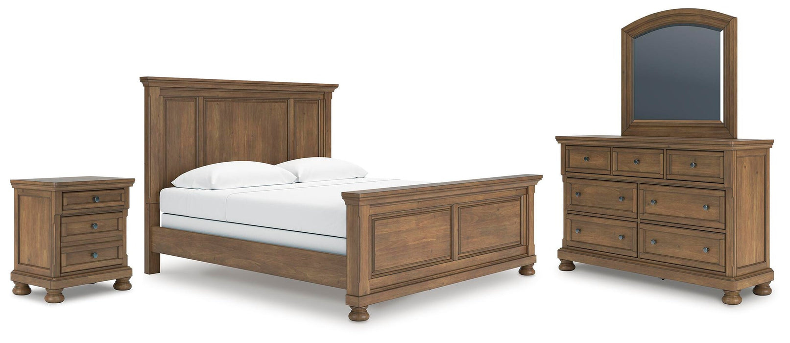 Vandenmore King Panel Bed with Mirrored Dresser and Nightstand