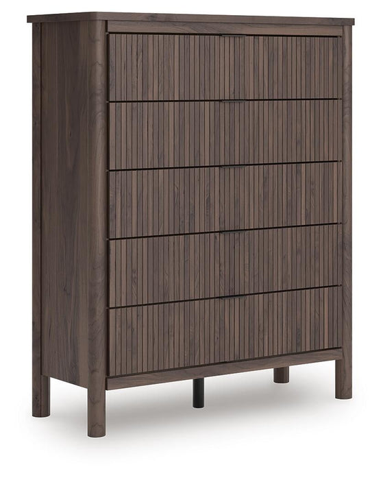 Cadmori King Upholstered Panel Platform Bed, Dresser, Mirror, Chest and Nightstand