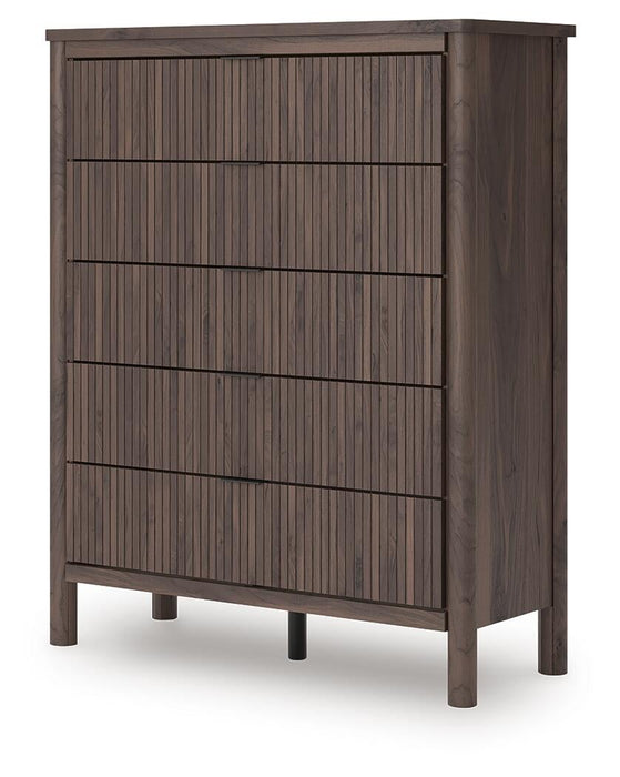 Cadmori King Upholstered Panel Platform Bed, Dresser, Mirror, Chest and Nightstand