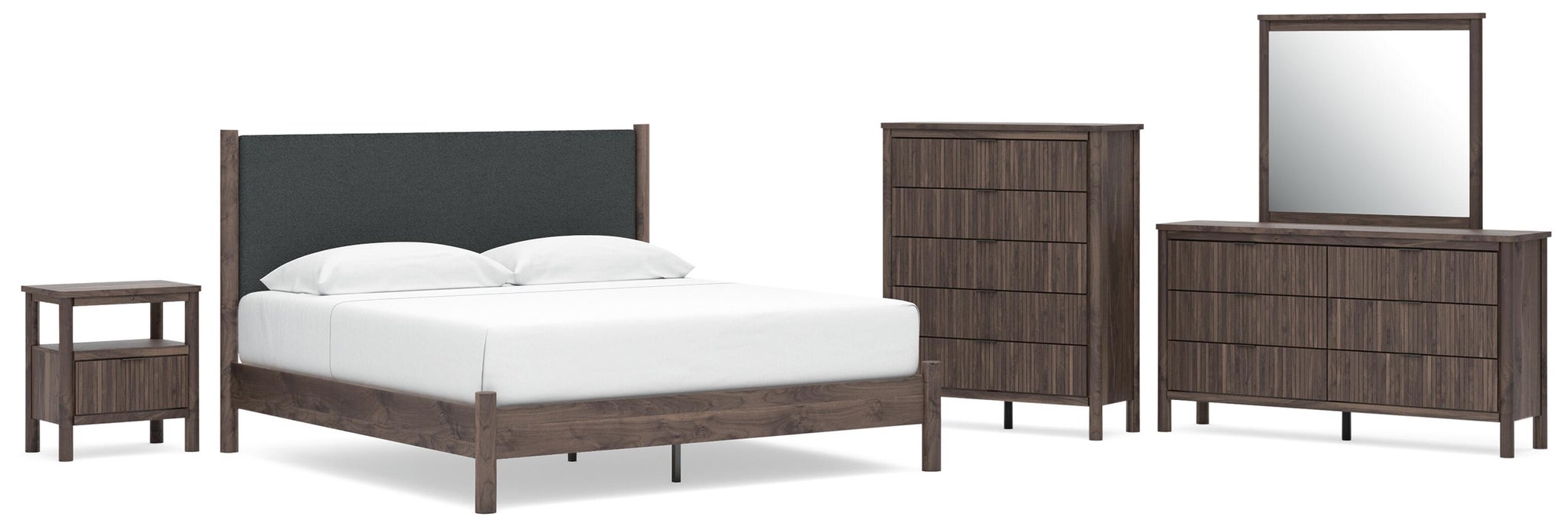 Cadmori King Upholstered Panel Platform Bed, Dresser, Mirror, Chest and Nightstand