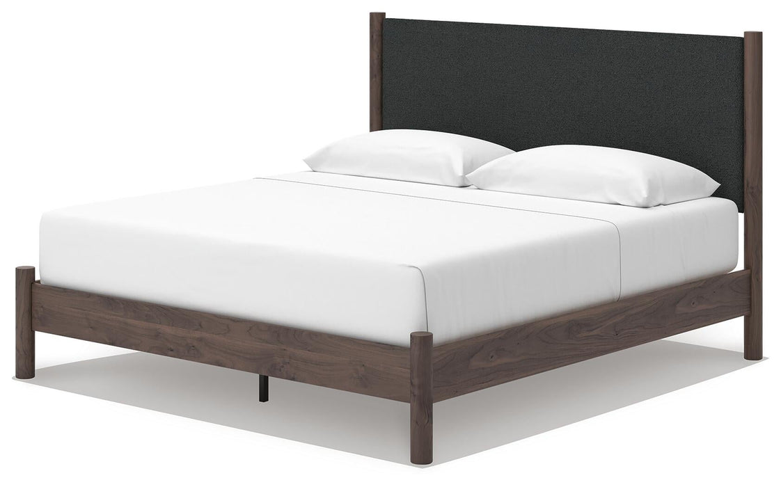 Cadmori King Upholstered Panel Platform Bed, Dresser, Mirror, Chest and Nightstand
