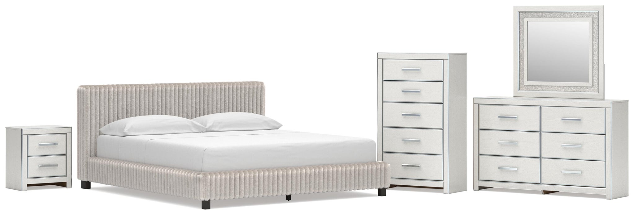 Birmonton California King Upholstered Bed, Dresser, Mirror, Chest and Nightstand
