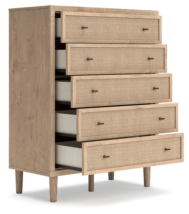 Cielden Queen Upholstered Bed with Roll Slats, Dresser, Mirror, Chest and Nightstand