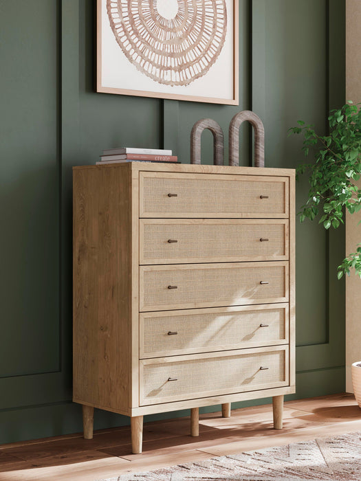 Cielden Queen Upholstered Bed with Roll Slats, Dresser, Mirror, Chest and Nightstand