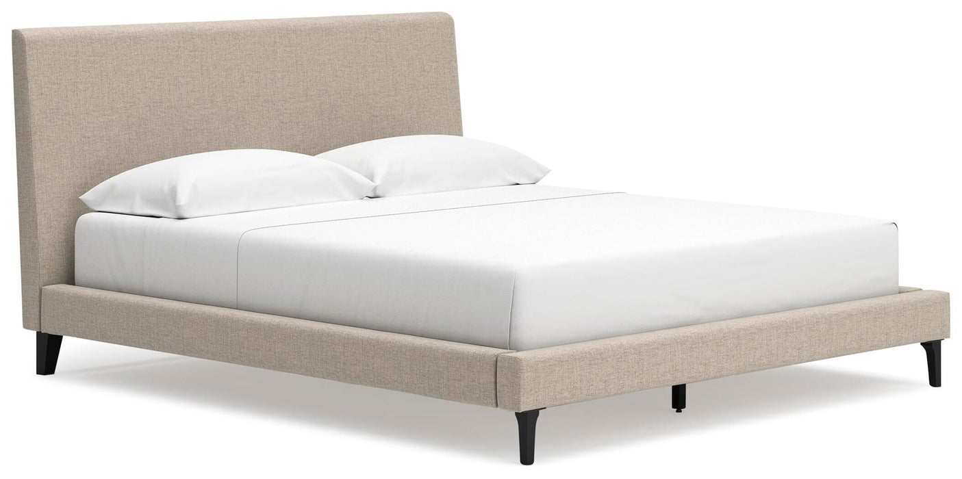 Cielden California King Upholstered Bed with Roll Slats, Dresser, Mirror and Nightstand