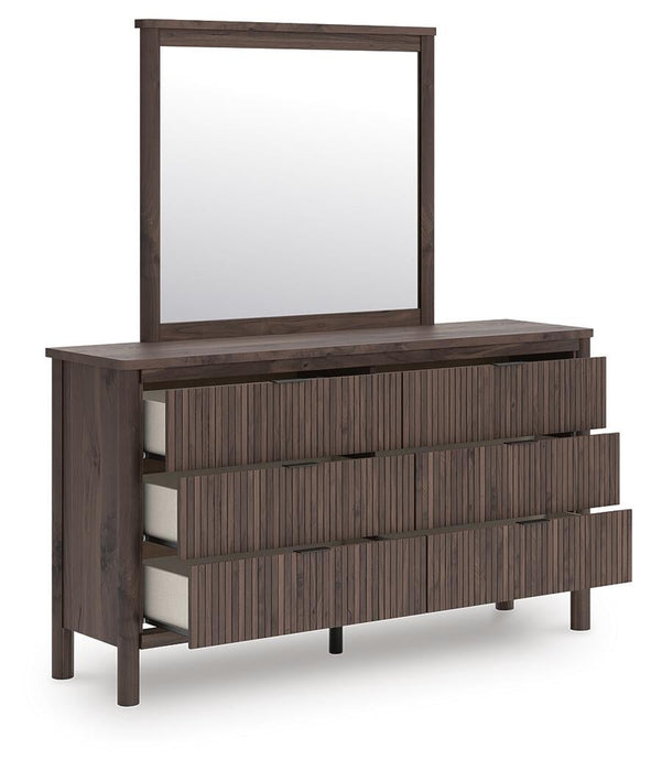 Cadmori Twin Upholstered Panel Platform Bed, Dresser and Mirror