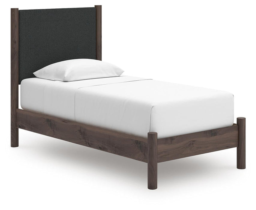 Cadmori Twin Upholstered Panel Platform Bed, Dresser and Mirror