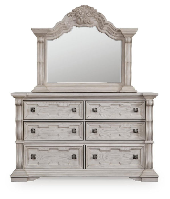 Andonhall King Upholstered Panel Bed with Mirrored Dresser and Nightstand
