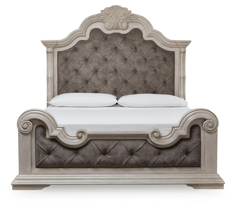 Andonhall California King Upholstered Panel Bed with Mirrored Dresser and Nightstand