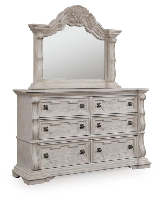 Andonhall California King Upholstered Panel Bed with Mirrored Dresser and Nightstand