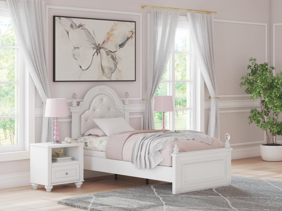 Maylilly Twin Upholstered Panel Bed, Dresser, Mirror and Nightstand